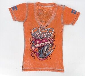 Sinful Shirt Womens Medium Organe Pullover Short Sleeve Distressed Lightweight